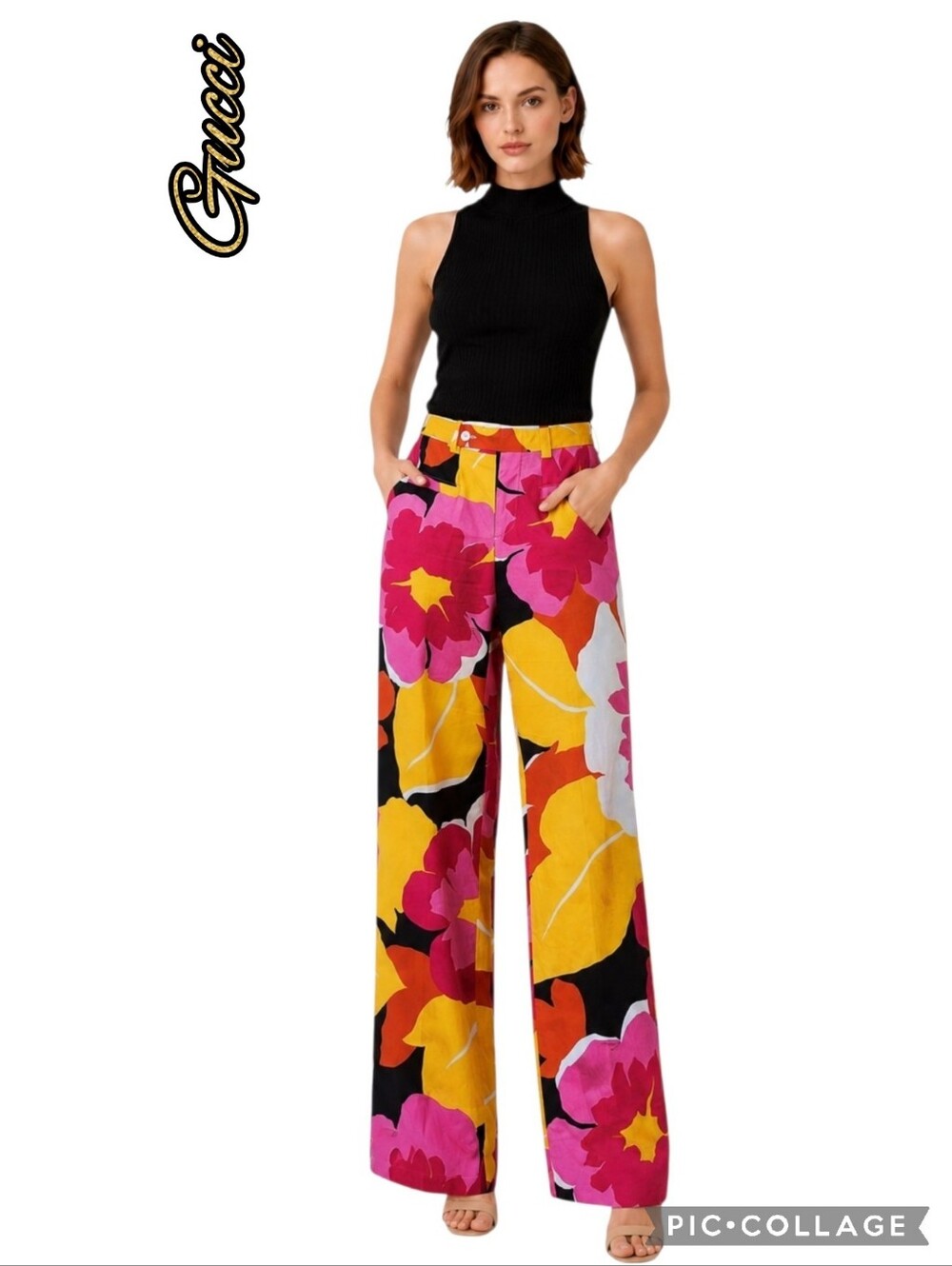 Gucci Italy colorful button-front bright floral 100% cotton pants with logos.